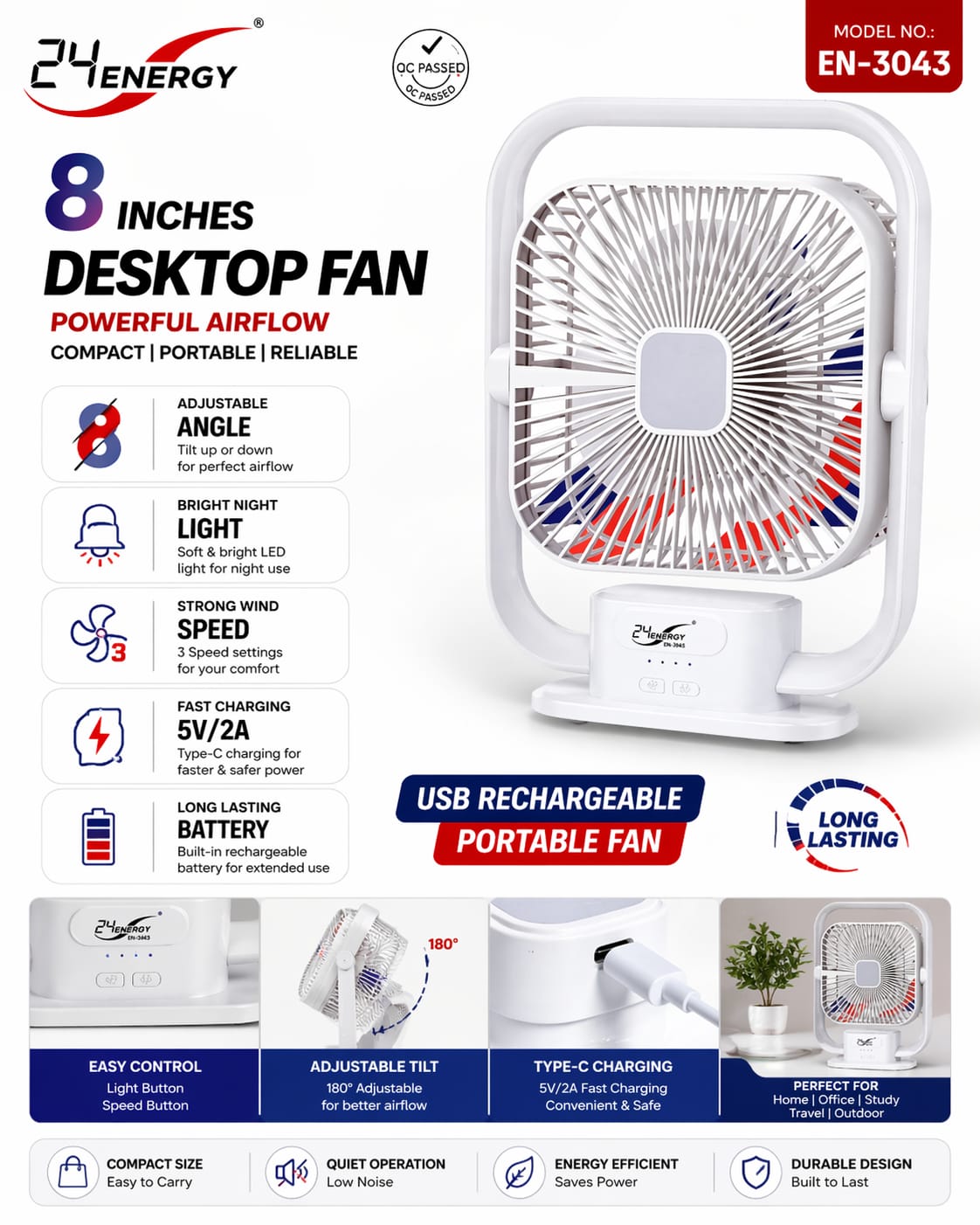 24 Energy 8-Inch Desktop Fan (Model EN-3043) – USB Rechargeable Portable Fan