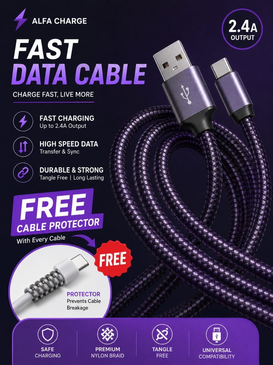 UBON WR-57 USB to Type-C Fast Charging Cable (1 Meter)  protector (FREE)
