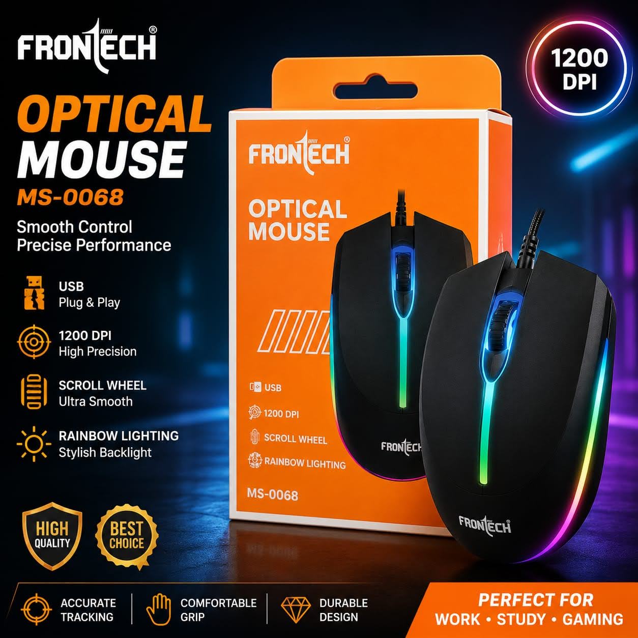 🔥 FRONTECH MS-0068 RGB Optical Mouse + FREE 5 Pack Gaming Finger Sleeves 🔥