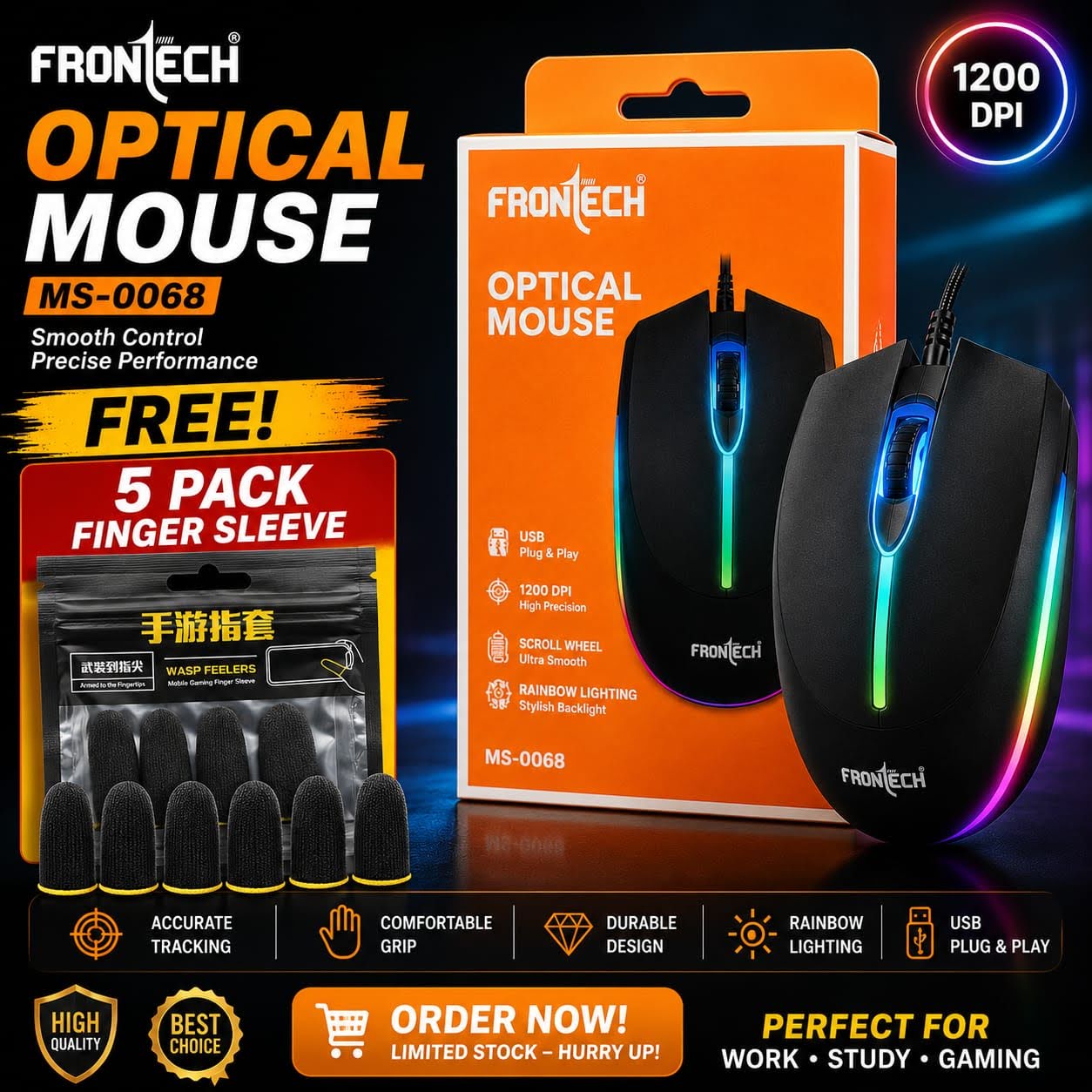 🔥 FRONTECH MS-0068 RGB Optical Mouse + FREE 5 Pack Gaming Finger Sleeves 🔥